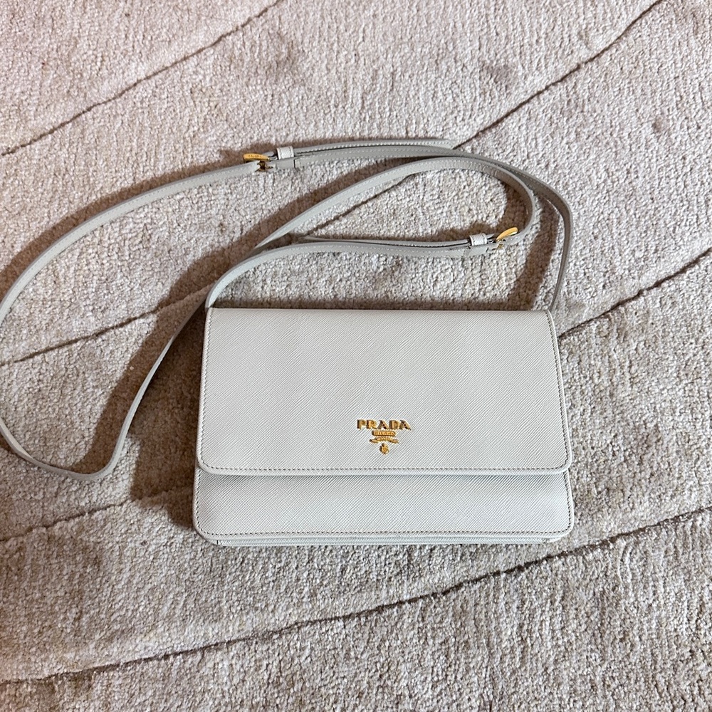 Prada white crossbody or clutch bag with detachable strap